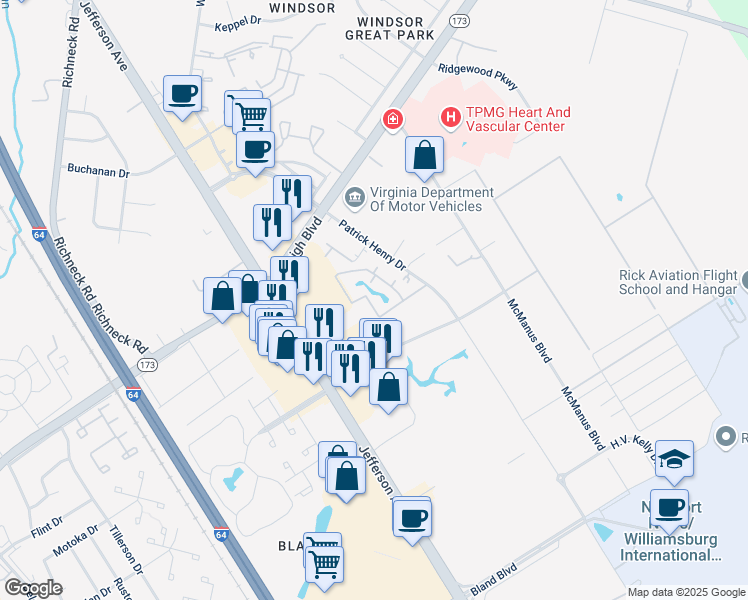 map of restaurants, bars, coffee shops, grocery stores, and more near 12716 Daybreak Circle in Newport News