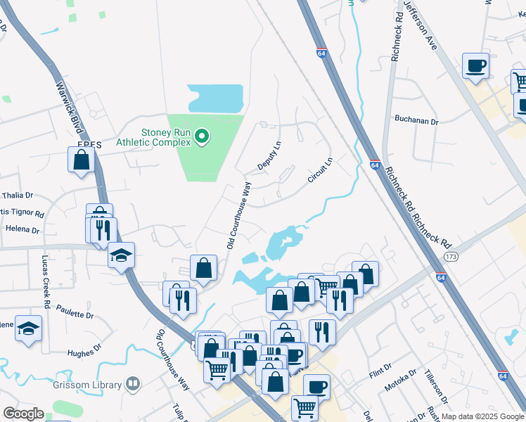map of restaurants, bars, coffee shops, grocery stores, and more near 395 Circuit Lane in Newport News