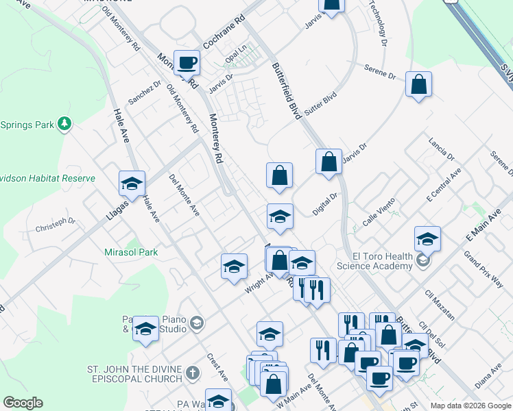 map of restaurants, bars, coffee shops, grocery stores, and more near 18060 Monterey Road in Morgan Hill