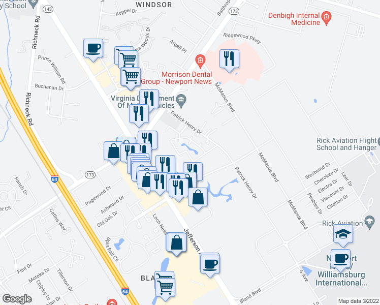 map of restaurants, bars, coffee shops, grocery stores, and more near 12823 Daybreak Circle in Newport News