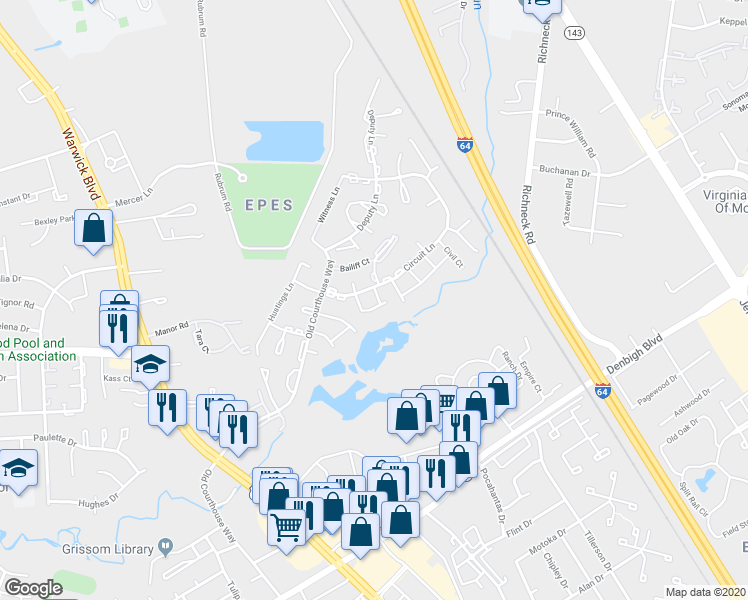 map of restaurants, bars, coffee shops, grocery stores, and more near 394E Circuit Lane in Newport News