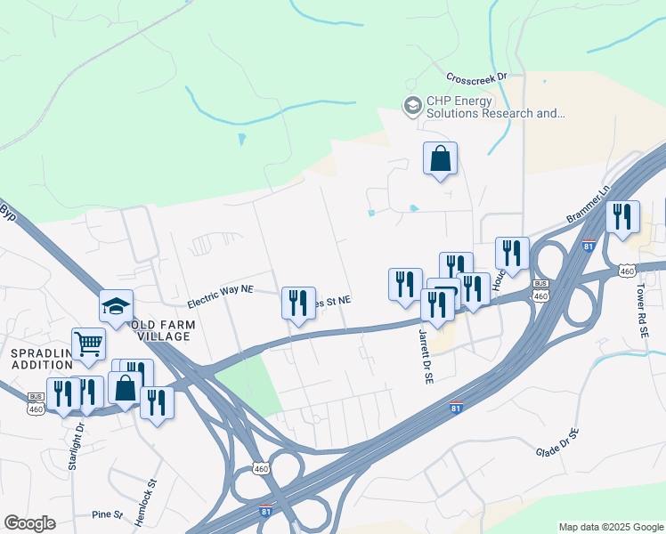 map of restaurants, bars, coffee shops, grocery stores, and more near 305 Teel Street Northeast in Christiansburg