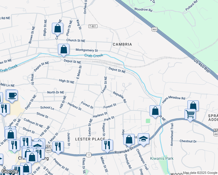 map of restaurants, bars, coffee shops, grocery stores, and more near 700 Lester Street Northeast in Christiansburg