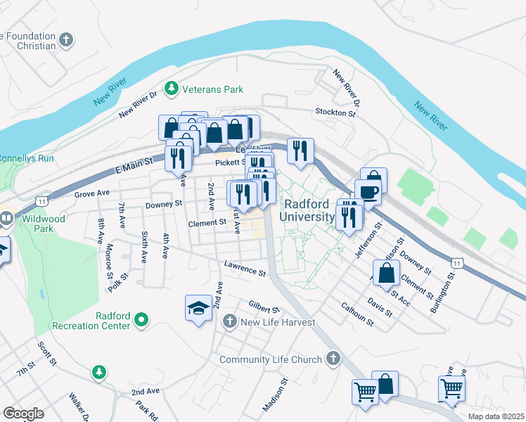 map of restaurants, bars, coffee shops, grocery stores, and more near 315 Tyler Avenue in Radford