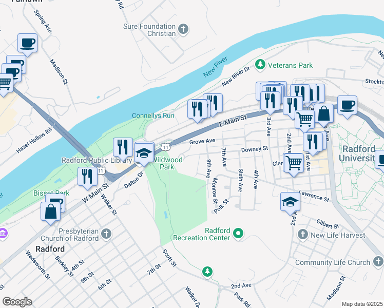 map of restaurants, bars, coffee shops, grocery stores, and more near Hagy Road in Radford