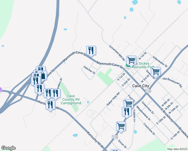 map of restaurants, bars, coffee shops, grocery stores, and more near 108 Reynolds Street in Cave City