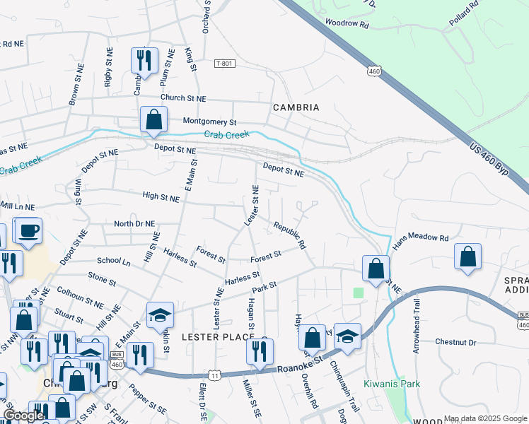 map of restaurants, bars, coffee shops, grocery stores, and more near 700 Lester Street Northeast in Christiansburg
