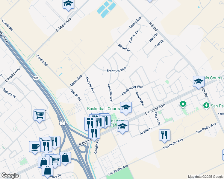 map of restaurants, bars, coffee shops, grocery stores, and more near 1295 Jasmine Way in Morgan Hill