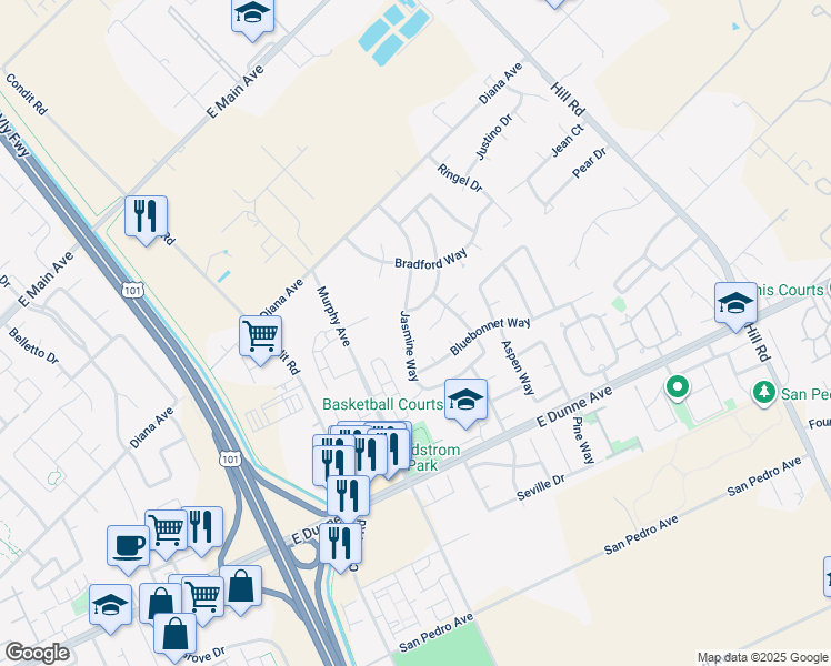 map of restaurants, bars, coffee shops, grocery stores, and more near 1295 Jasmine Way in Morgan Hill