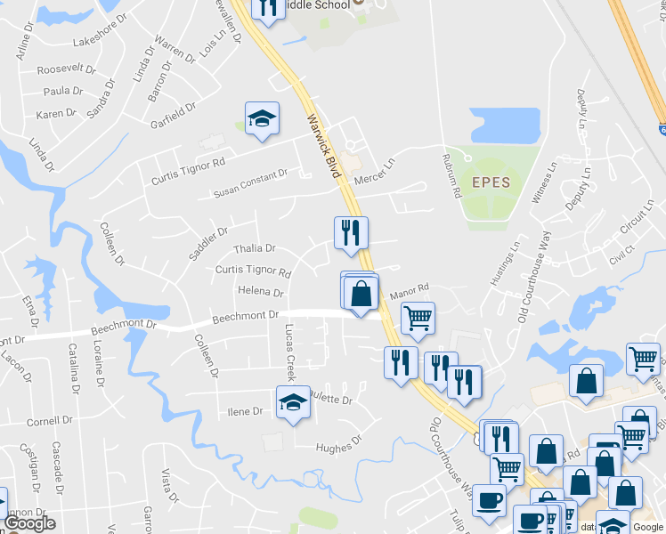 map of restaurants, bars, coffee shops, grocery stores, and more near 383 Georgetown Loop in Newport News