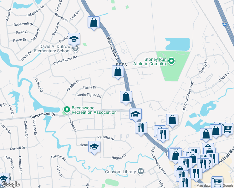 map of restaurants, bars, coffee shops, grocery stores, and more near 383 Georgetown Loop in Newport News