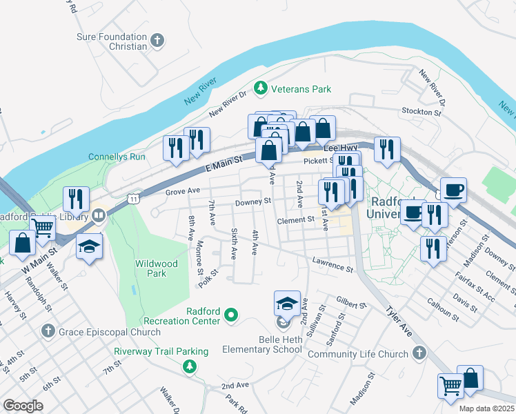 map of restaurants, bars, coffee shops, grocery stores, and more near 1317 Downey Street in Radford