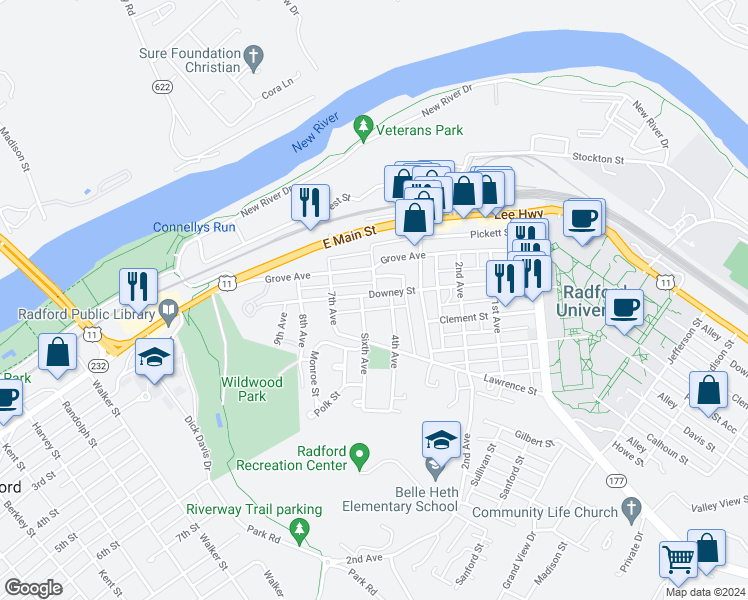 map of restaurants, bars, coffee shops, grocery stores, and more near 1501 Downey Street in Radford