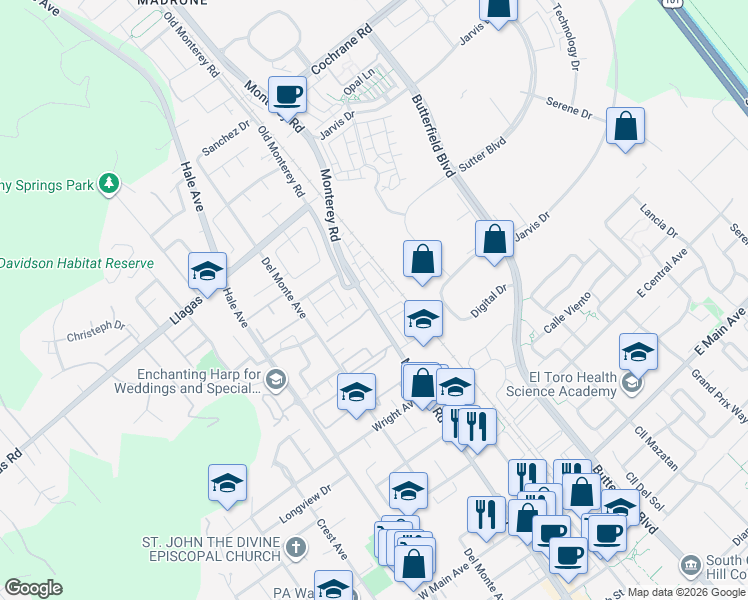 map of restaurants, bars, coffee shops, grocery stores, and more near 18060 Monterey Road in Morgan Hill