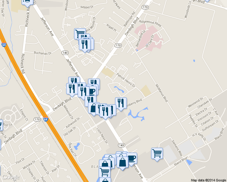 map of restaurants, bars, coffee shops, grocery stores, and more near 12657 Daybreak Circle in Newport News