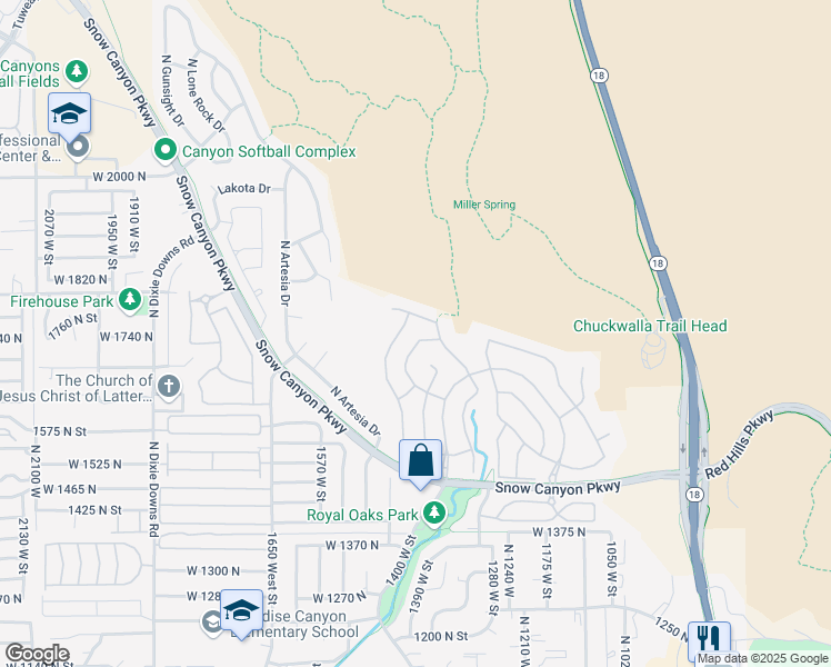 map of restaurants, bars, coffee shops, grocery stores, and more near 1418 West Cedar Drive in St. George