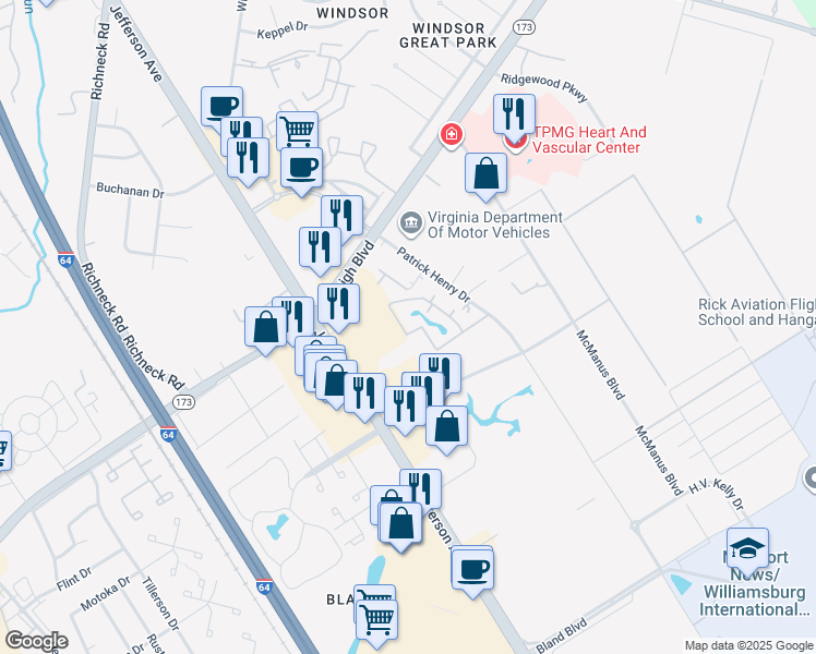 map of restaurants, bars, coffee shops, grocery stores, and more near 12657 Daybreak Circle in Newport News