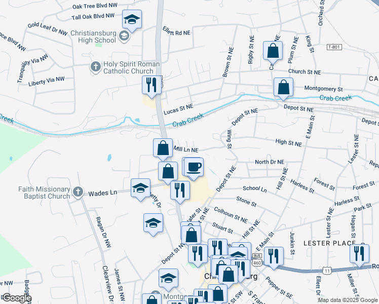 map of restaurants, bars, coffee shops, grocery stores, and more near 160 Mill Lane Northeast in Christiansburg