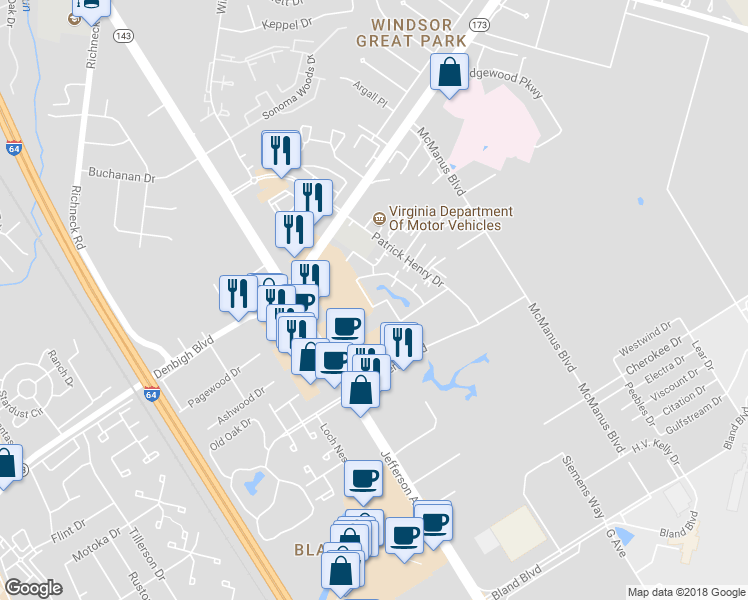 map of restaurants, bars, coffee shops, grocery stores, and more near 12681 Daybreak Circle in Newport News