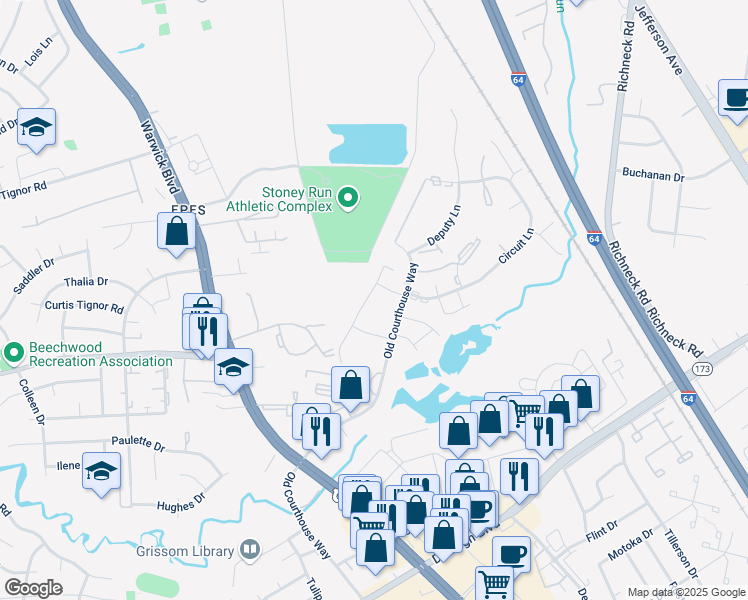 map of restaurants, bars, coffee shops, grocery stores, and more near 410 Hustings Lane in Newport News