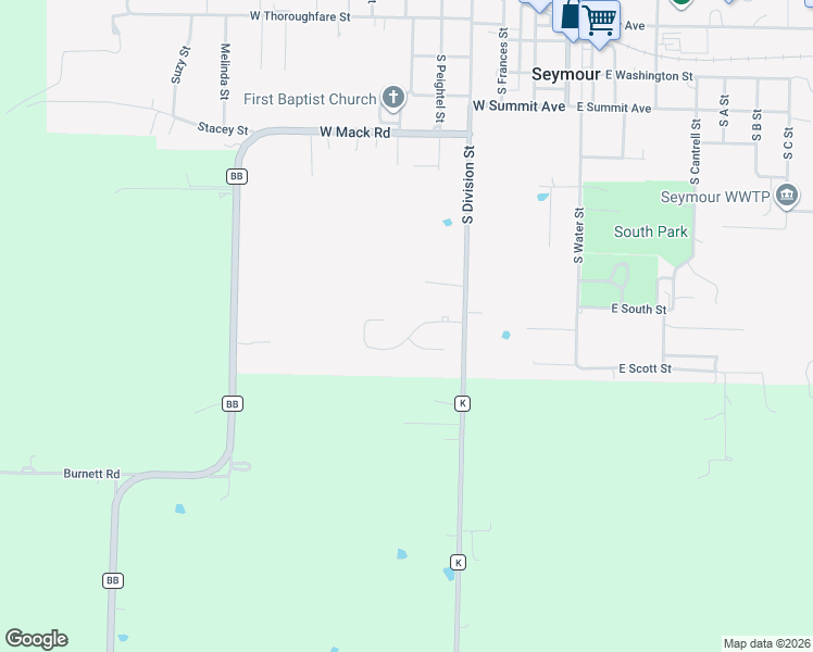 map of restaurants, bars, coffee shops, grocery stores, and more near 598 West Ventura Drive in Seymour