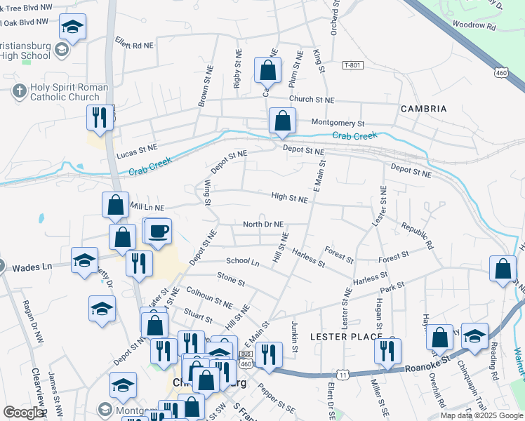 map of restaurants, bars, coffee shops, grocery stores, and more near 598 C North Drive in Christiansburg