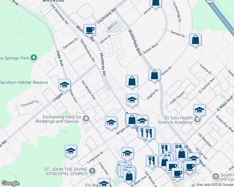 map of restaurants, bars, coffee shops, grocery stores, and more near 18060 Monterey Road in Morgan Hill
