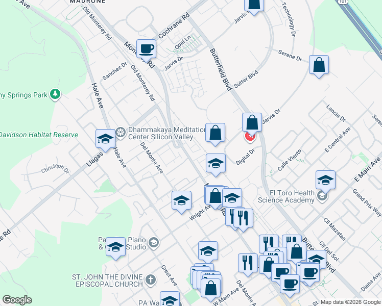 map of restaurants, bars, coffee shops, grocery stores, and more near 18086 Monterey Road in Morgan Hill