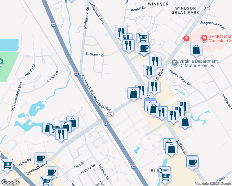 map of restaurants, bars, coffee shops, grocery stores, and more near 525 Dartmoor Drive in Newport News