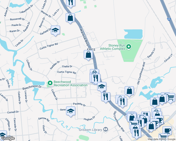 map of restaurants, bars, coffee shops, grocery stores, and more near 377 Georgetown Loop in Newport News