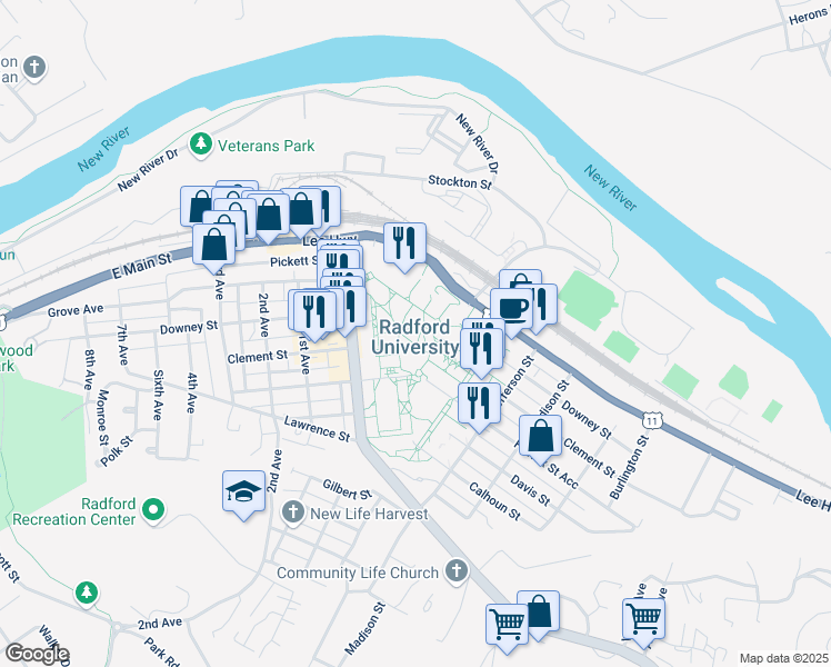 map of restaurants, bars, coffee shops, grocery stores, and more near 801 East Main Street in Radford