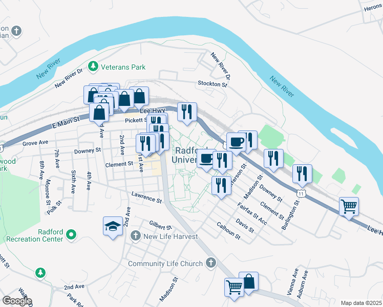 map of restaurants, bars, coffee shops, grocery stores, and more near 801 East Main Street in Radford