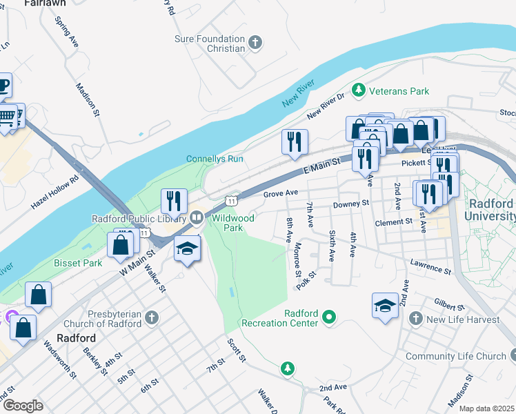 map of restaurants, bars, coffee shops, grocery stores, and more near Hagy Road in Radford