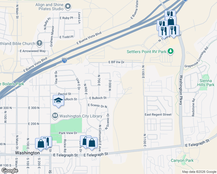 map of restaurants, bars, coffee shops, grocery stores, and more near 485 North 800 East in Washington