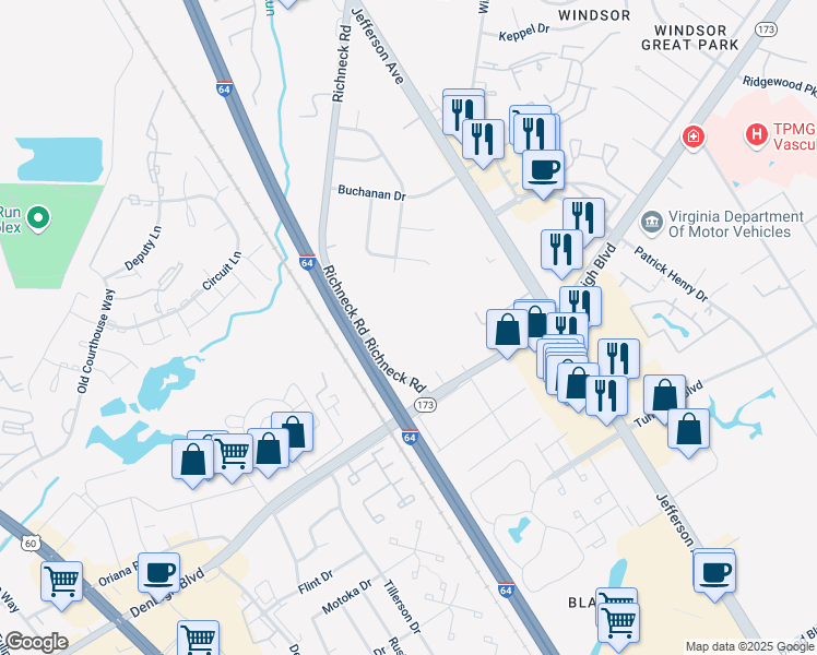 map of restaurants, bars, coffee shops, grocery stores, and more near 500 Dartmoor Drive in Newport News