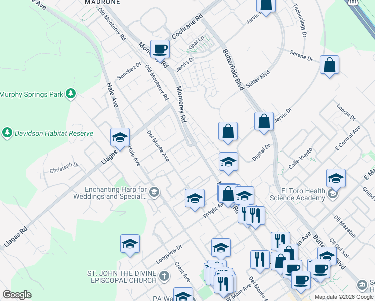 map of restaurants, bars, coffee shops, grocery stores, and more near 18143 Old Monterey Road in Morgan Hill