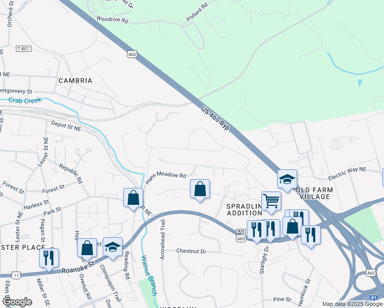 map of restaurants, bars, coffee shops, grocery stores, and more near 220 Robin Hood Drive in Christiansburg