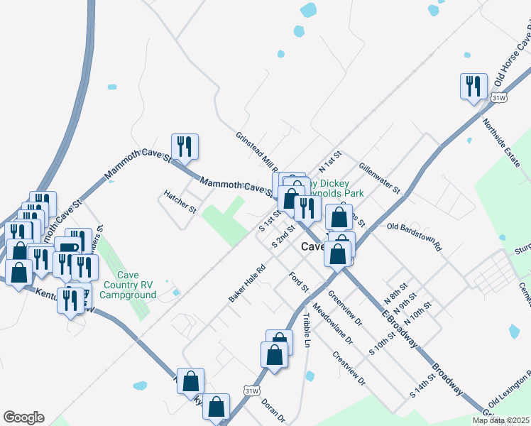 map of restaurants, bars, coffee shops, grocery stores, and more near 711 Mammoth Cave Road in Cave City