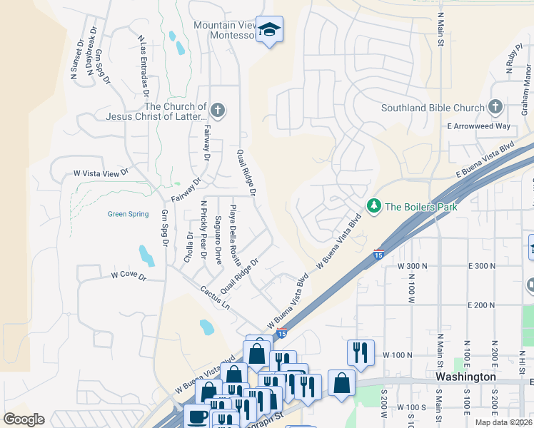 map of restaurants, bars, coffee shops, grocery stores, and more near 482 North Quail Ridge Circle in Washington