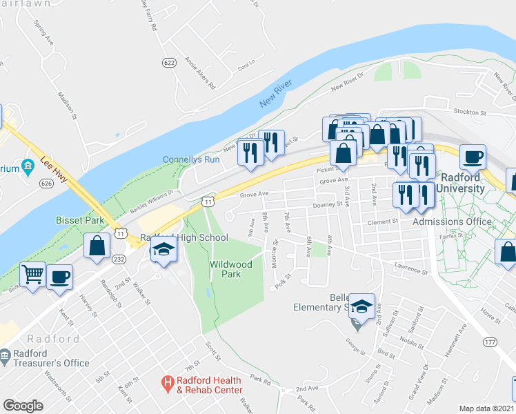 map of restaurants, bars, coffee shops, grocery stores, and more near 1800 Downey Street in Radford