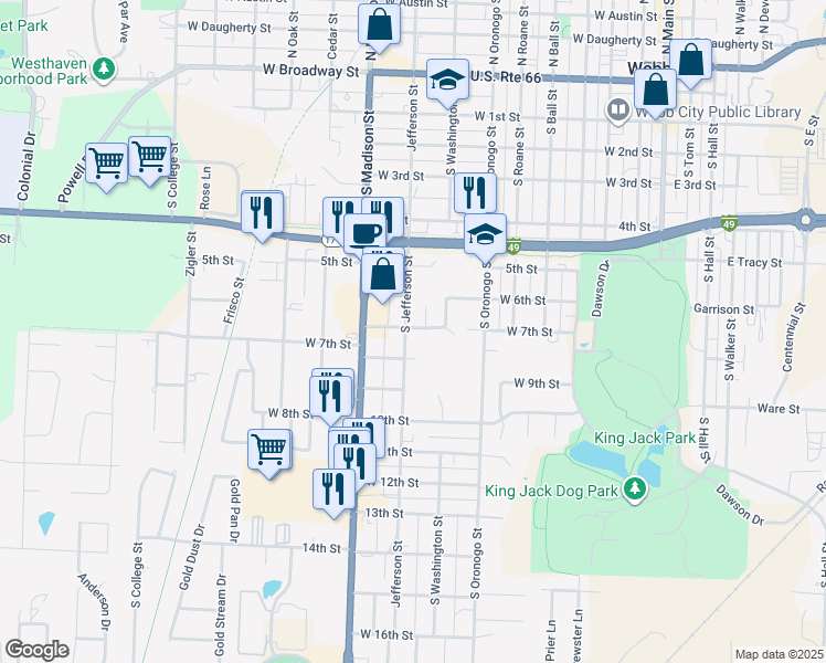 map of restaurants, bars, coffee shops, grocery stores, and more near 811 7th Street in Webb City