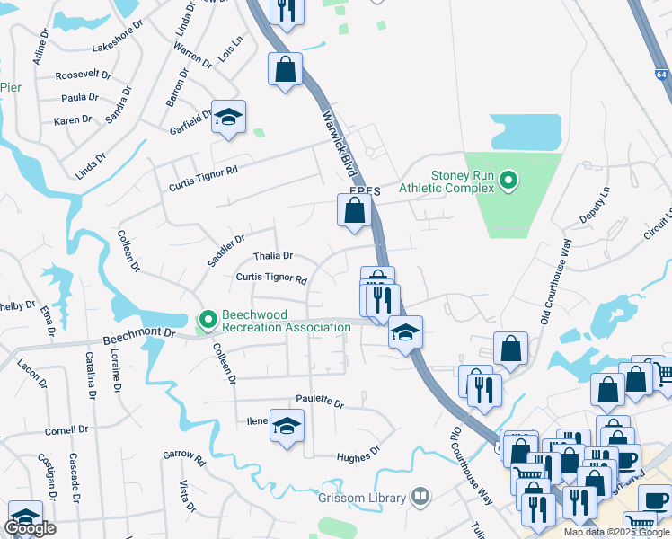 map of restaurants, bars, coffee shops, grocery stores, and more near 398 Georgetown Loop in Newport News