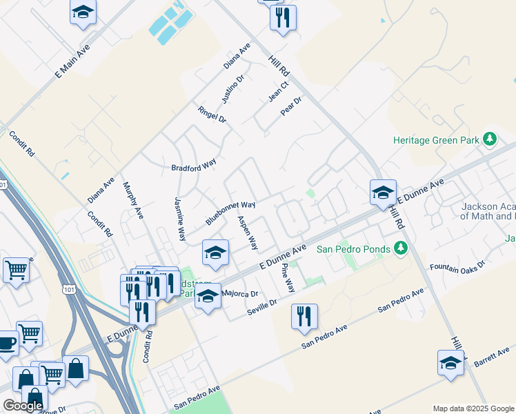 map of restaurants, bars, coffee shops, grocery stores, and more near 1660 Bluebonnet Way in Morgan Hill