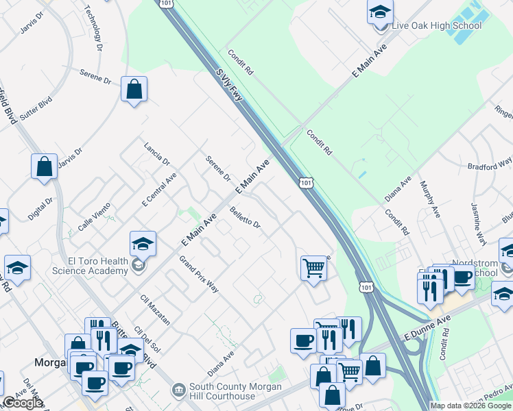 map of restaurants, bars, coffee shops, grocery stores, and more near 17545 Serene Drive in Morgan Hill
