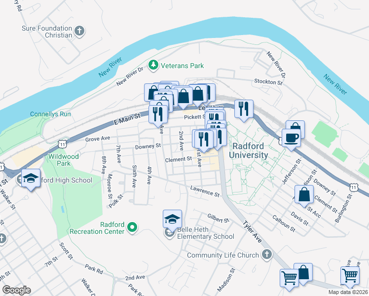 map of restaurants, bars, coffee shops, grocery stores, and more near 1119 Downey Street in Radford