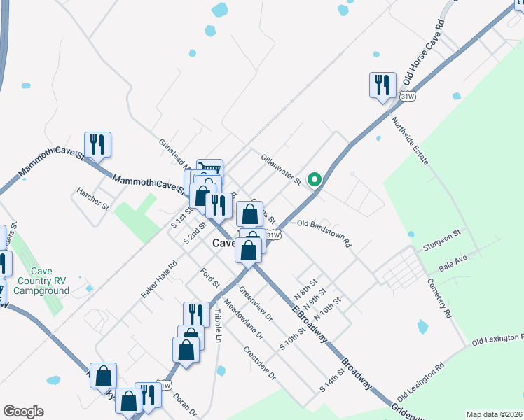 map of restaurants, bars, coffee shops, grocery stores, and more near 300 North 3rd Street in Cave City