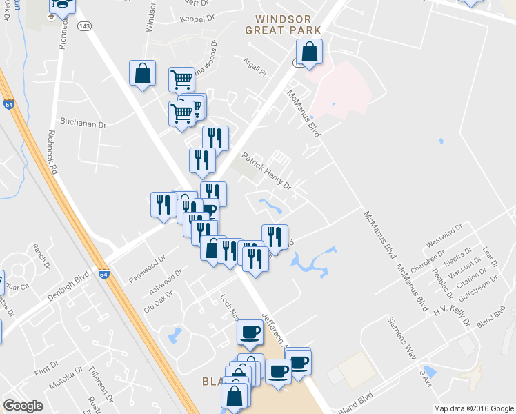 map of restaurants, bars, coffee shops, grocery stores, and more near 12675 Daybreak Circle in Newport News