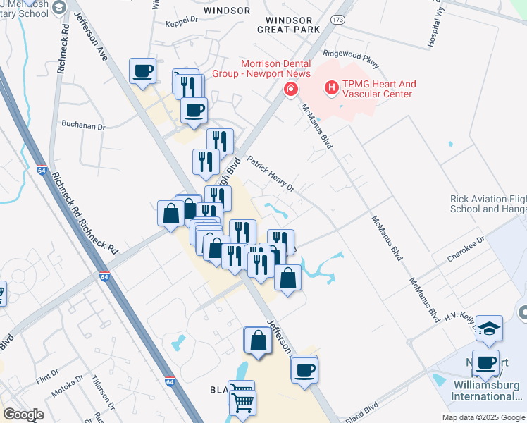 map of restaurants, bars, coffee shops, grocery stores, and more near 12675 Daybreak Circle in Newport News