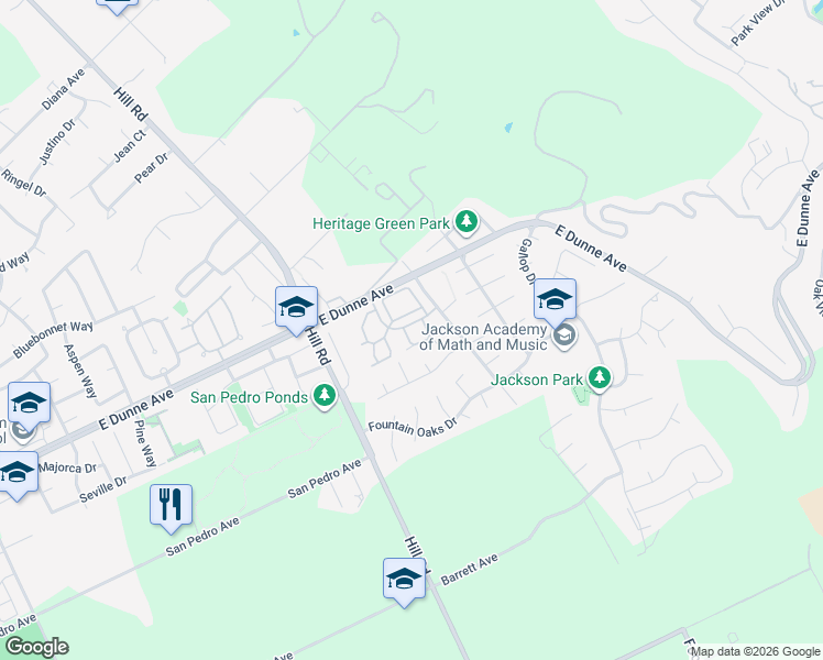 map of restaurants, bars, coffee shops, grocery stores, and more near 2344 Leptis Circle in Morgan Hill