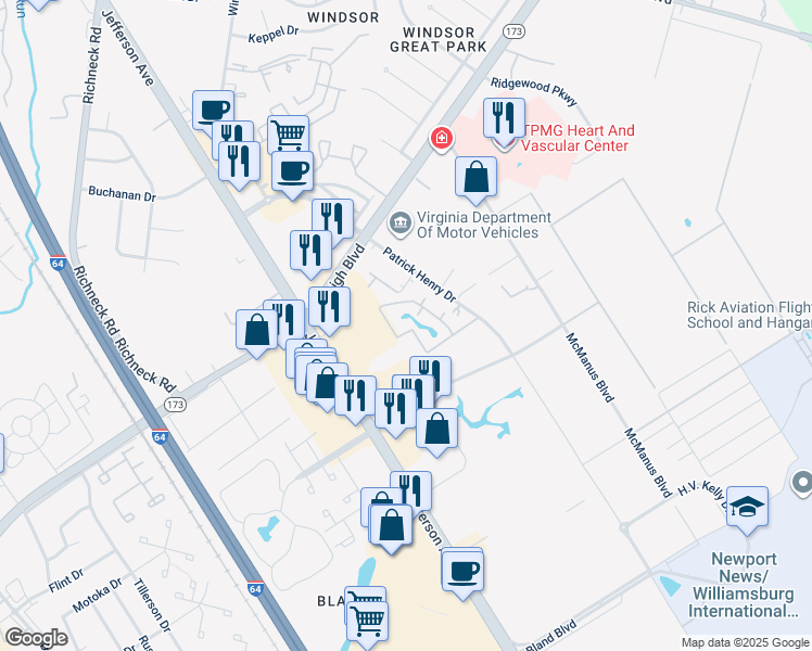 map of restaurants, bars, coffee shops, grocery stores, and more near 12707 Daybreak Circle in Newport News